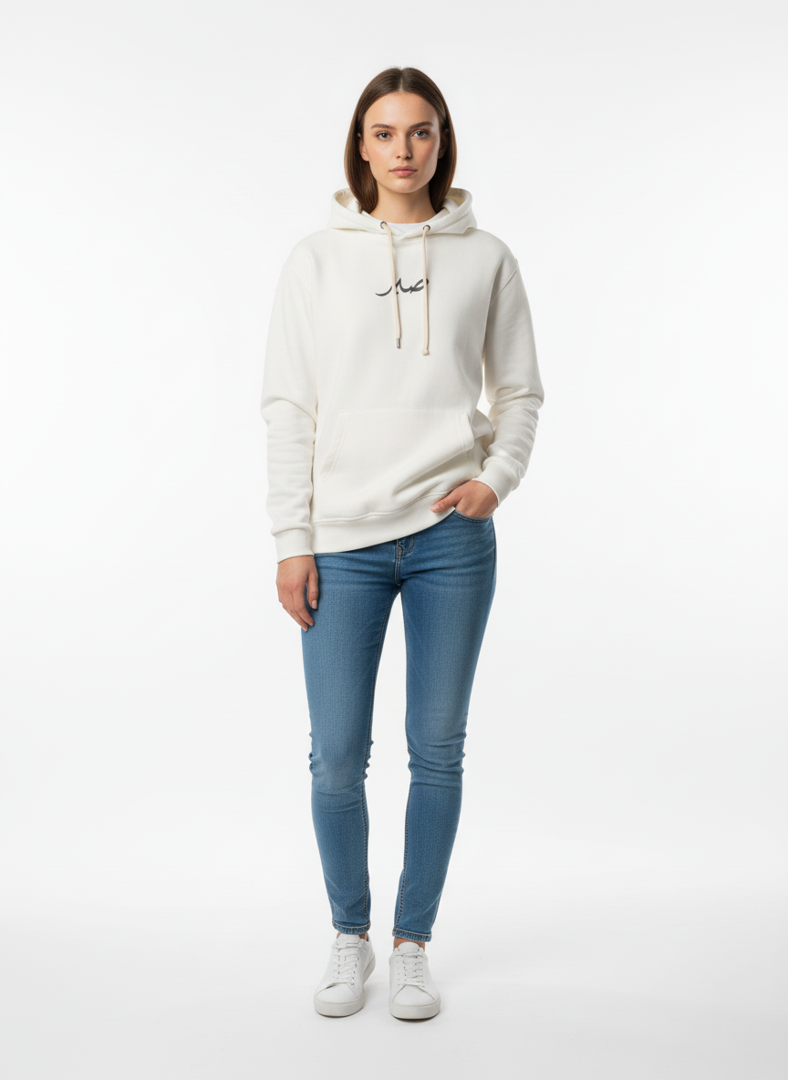 Women White Hoodie Pakistan – “صبر” Urdu/Arabic Print & Trendy Back Design