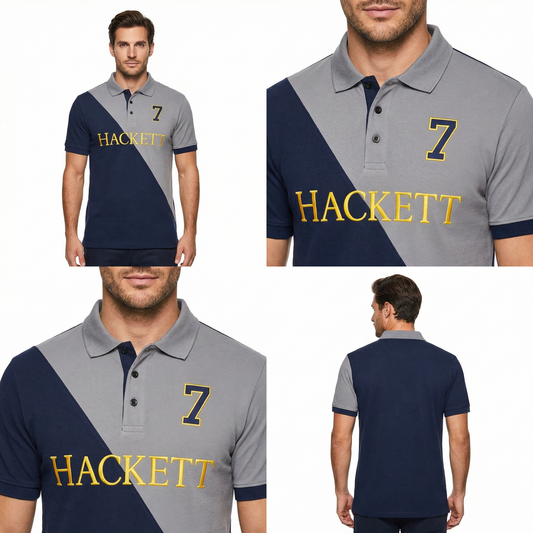 Men’s Premium Navy & Grey Polo Shirt – Embroidered Number 7 Hackett Style Cotton Polo Shirt for Men | Casual Summer Polo Shirt Pakistan
