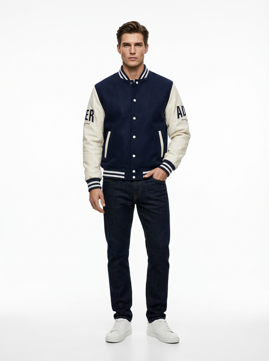 Men’s Navy Blue Varsity Jacket – Premium Bomber Jacket for Men | Winter Casual Jacket Pakistan