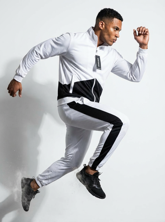 Men’s Premium White & Black Athletic Tracksuit | Slim-Fit Sportswear Set for Running, Training & Gym | Breathable High-Performance Fabric
