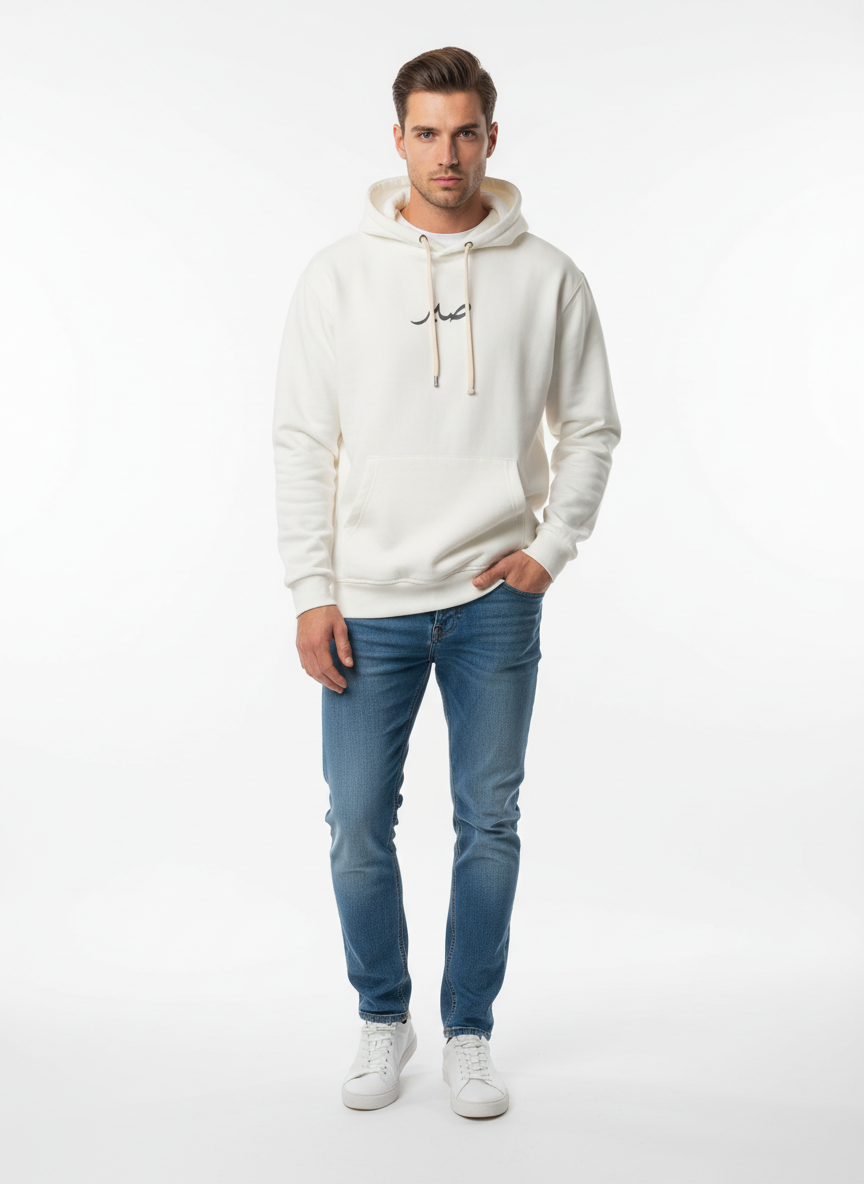 Men’s White Printed Hoodie in Pakistan – Premium Urdu Calligraphy Design | Best Price 2025