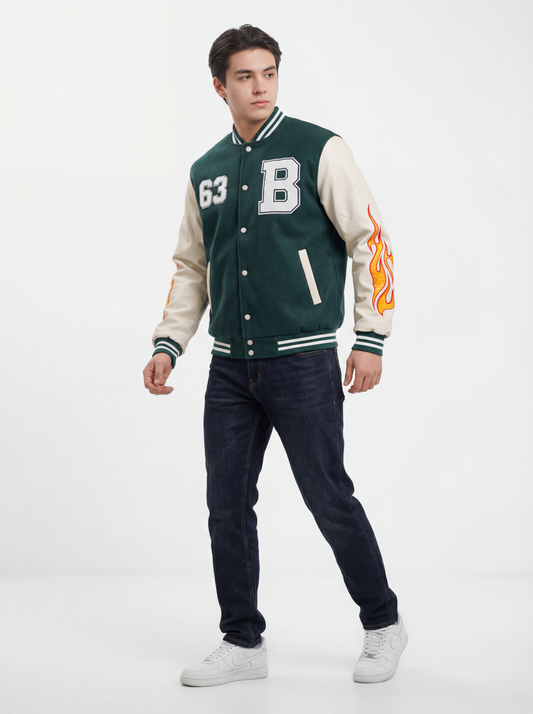 Men’s Green Varsity Jacket with Flame Sleeves – Premium Bomber Jacket for Men | Winter Jacket Pakistan