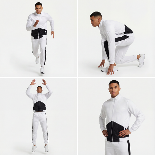 Men’s Premium White & Black Athletic Tracksuit | Slim-Fit Sportswear Set for Running, Training & Gym | Breathable High-Performance Fabric