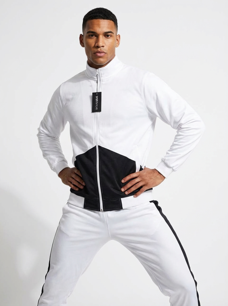 Men’s Premium White & Black Athletic Tracksuit | Slim-Fit Sportswear Set for Running, Training & Gym | Breathable High-Performance Fabric